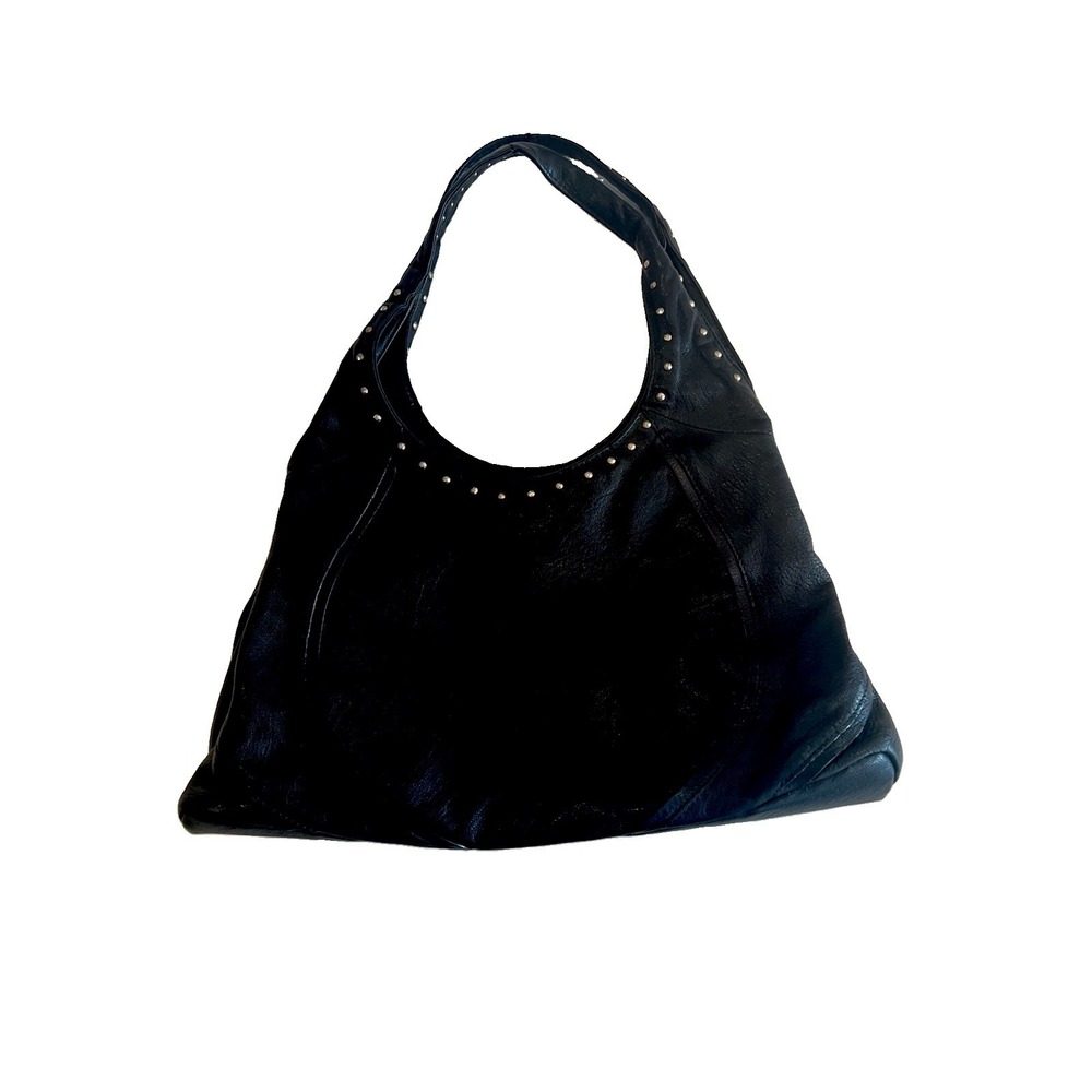 Sigrid Olsen Black Pebbled Leather Studded Hobo Bag Y2K Boho Rocker Hipster